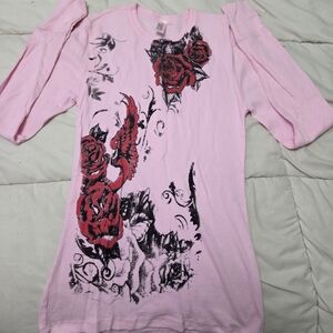Pink Long Sleeve Top with Red Rose Design